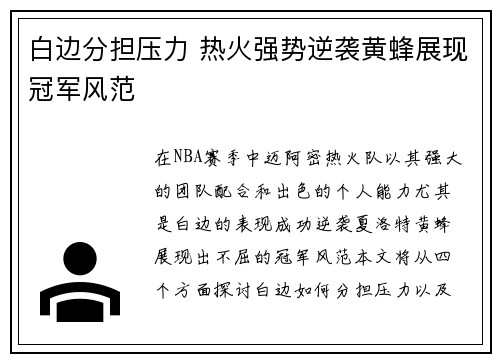 白边分担压力 热火强势逆袭黄蜂展现冠军风范