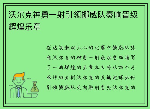 沃尔克神勇一射引领挪威队奏响晋级辉煌乐章