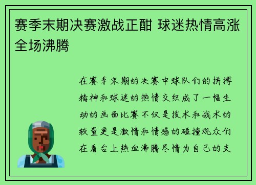 赛季末期决赛激战正酣 球迷热情高涨全场沸腾
