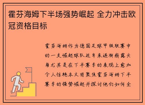 霍芬海姆下半场强势崛起 全力冲击欧冠资格目标