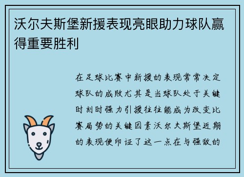 沃尔夫斯堡新援表现亮眼助力球队赢得重要胜利