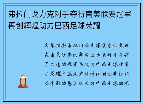 弗拉门戈力克对手夺得南美联赛冠军再创辉煌助力巴西足球荣耀