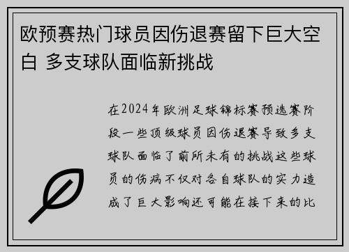 欧预赛热门球员因伤退赛留下巨大空白 多支球队面临新挑战