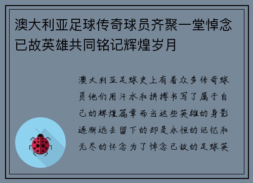 澳大利亚足球传奇球员齐聚一堂悼念已故英雄共同铭记辉煌岁月