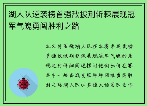湖人队逆袭榜首强敌披荆斩棘展现冠军气魄勇闯胜利之路