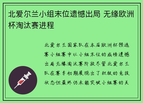 北爱尔兰小组末位遗憾出局 无缘欧洲杯淘汰赛进程