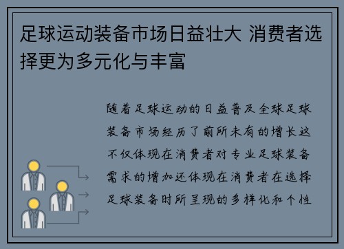 足球运动装备市场日益壮大 消费者选择更为多元化与丰富